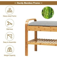 Джима 1-степенна тапицирана седалка и пейка за съхранение на обувки, бамбук, лен и дърво, кафяво и сиво