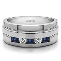 Диаманти и сапфир, монтирани в сребърни диаманти и сапфир съвременен дизайн мъжки пръстен