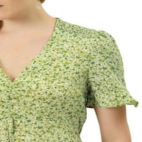 Дамски глупави флорални в Деколте разрошени летни шифон блузи зелени м