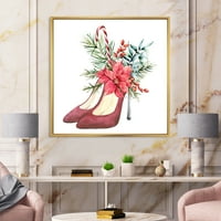 Дизайнарт Червени Велурени Обувки С Коледен Червен Флорален Декор Традиционна Рамка Платно Стена Арт Принт